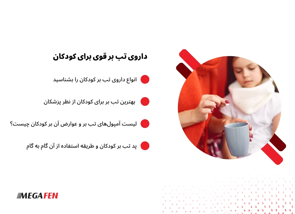 تصویری آموزشی از والدینی که در حال مراقبت از کودک تبدار هستند و روشهای مختلف کاهش تب کودکان مانند شربت تببر، پد خنککننده، شیاف و مراجعه به پزشک را نشان میدهد.