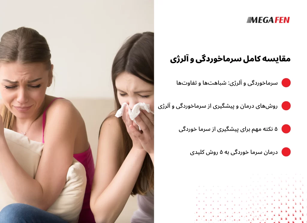 تصویری آموزشی که تفاوتهای کلیدی بین سرماخوردگی و آلرژی را نشان میدهد؛ شامل علائمی مانند تب، بدندرد، عطسه، خارش چشم و آبریزش بینی با شدت و مدت زمان متفاوت برای هر بیماری.