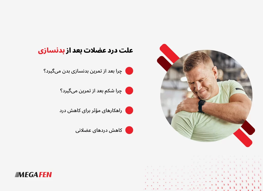 درد عضلات بعد از ورزش یا بدنسازی معمولاً بهدلیل پدیدهای به نام DOMS رخ میدهد که نتیجهی ریزآسیبهای ایجادشده در فیبرهای عضلانی است. این درد اغلب ۱۲ تا ۷۲ ساعت پس از تمرین ظاهر میشود و بخشی طبیعی از فرآیند سازگاری و رشد عضلات به شمار میآید. با رعایت تغذیه مناسب، نوشیدن آب کافی، استراحت، حرکات کششی و در صورت نیاز استفاده از روشهای ریکاوری یا داروهای مناسب، میتوان شدت این درد را کاهش داد و روند بازسازی عضلات را تسریع کرد.