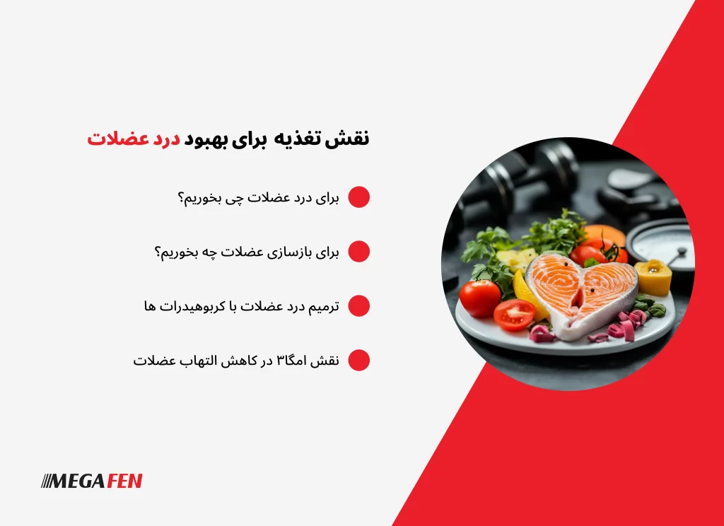 برای کاهش درد عضلات و تسریع ریکاوری، مصرف غذاهای ضدالتهاب و منابع پروتئینی و غنی از الکترولیت ضروری است. میوهها و سبزیجات رنگارنگ، ماهیهای چرب، مرغ، لبنیات، غلات کامل و منابع چربی سالم مثل گردو و دانههای چیا کمک میکنند عضلات سریعتر بازسازی شوند. همچنین نوشیدن آب کافی و تأمین پتاسیم، کلسیم و منیزیم برای جلوگیری از گرفتگی ضروری است. در موارد درد شدید، داروهای ترکیبی مانند مگافن پین زیر نظر پزشک مؤثر هستند.