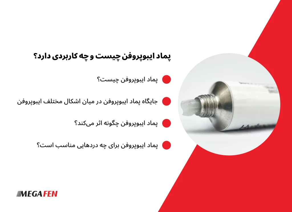 پماد ایبوپروفن یک داروی موضعی است که برای کاهش درد و التهاب‌های سطحی طراحی شده است. این دارو از طریق پوست جذب می‌شود و اثر آن عمدتاً محدود به محل استفاده است.